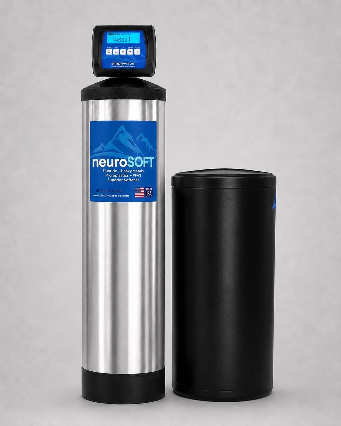 Simply Water neuroSOFT system with stainless treatment tank and brine tank.