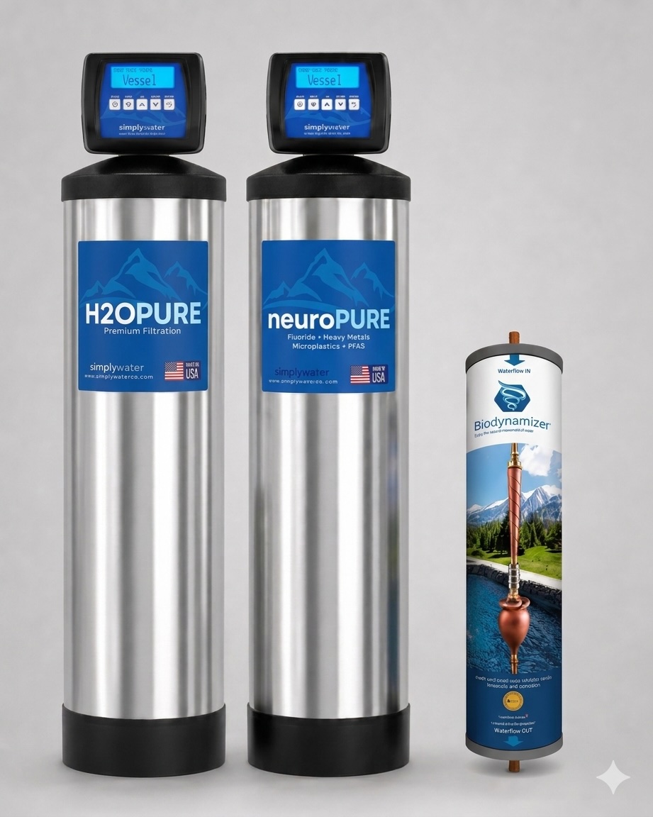 Simply Water H2OPURE + neuroPURE + Biodynamizer complete whole-home water system.